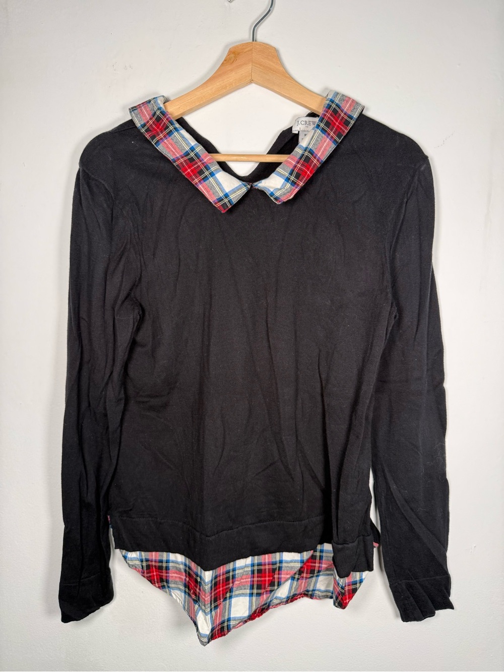 J. Crew Men’s Black Sweater with Red Plaid Collar